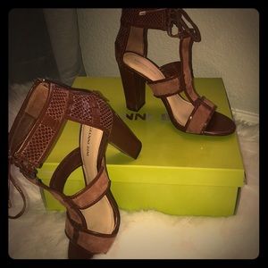 Two tone brown suede and leather zip up heels